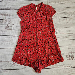 Free People Derby Dot Red Collared Button Up Romper Womens Small